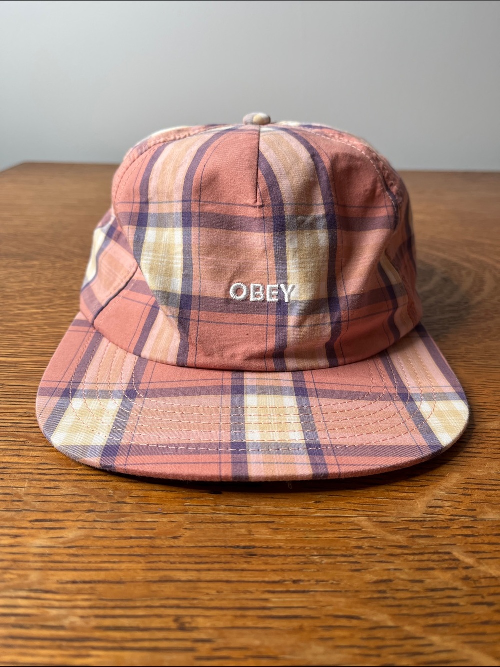 OBEY Madras Adjustable Baseball Hat in Pink, Cream & Blue plaid. 100% cotton